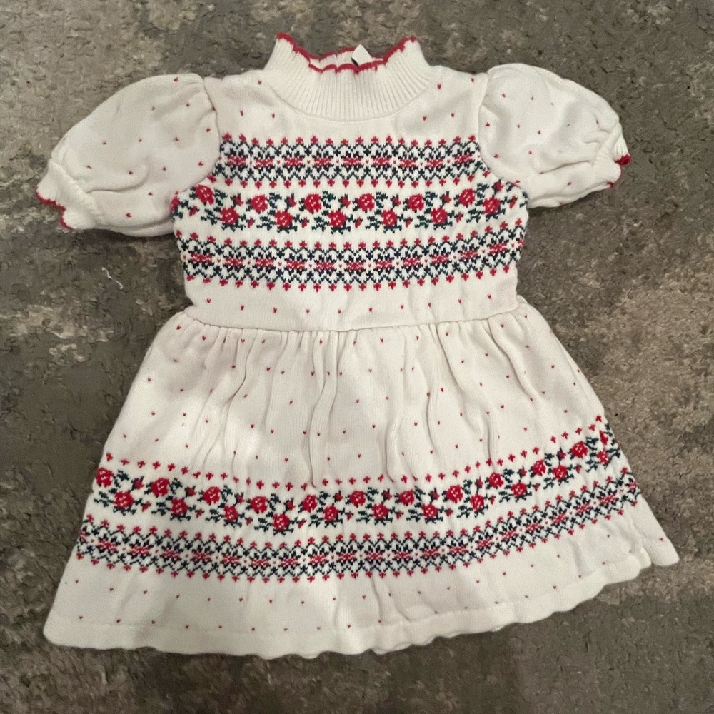 Janie and Jack White Knit Dress with Red and Navy Floral Fair Isle
